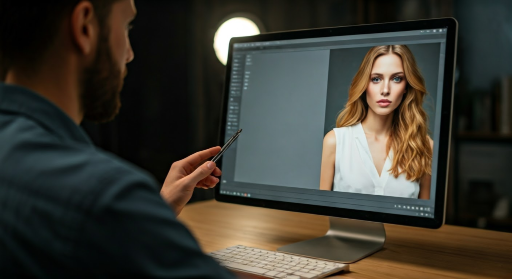 Artist retouching high fashion model portrait 1