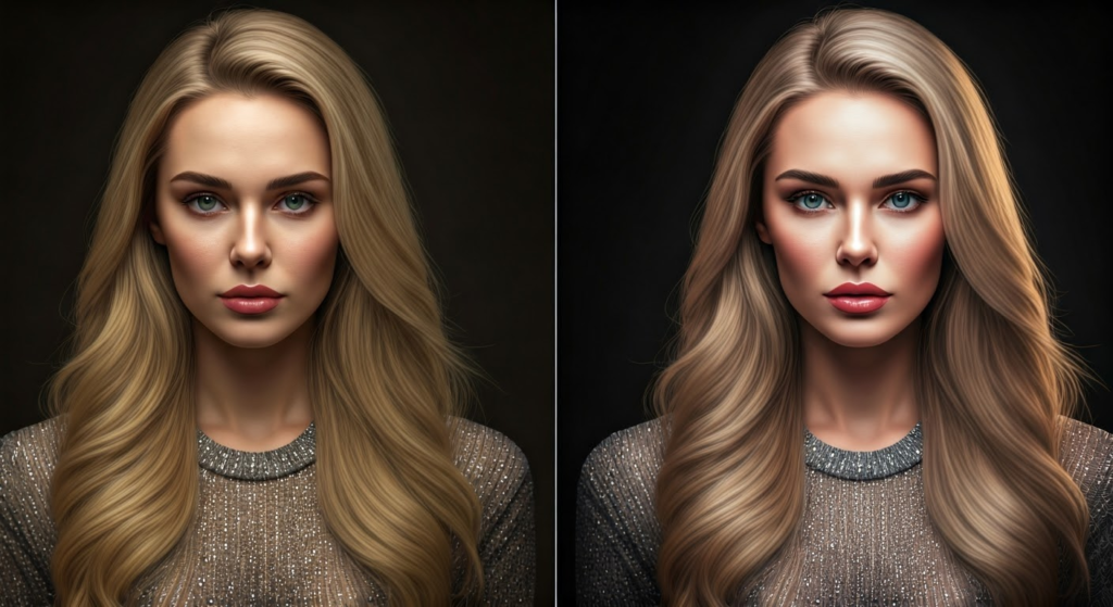 Before and after model retouching portrait