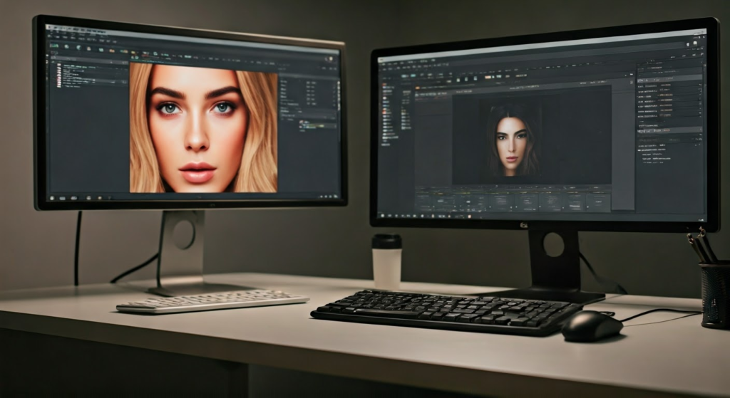 Professional retouching studio workspace